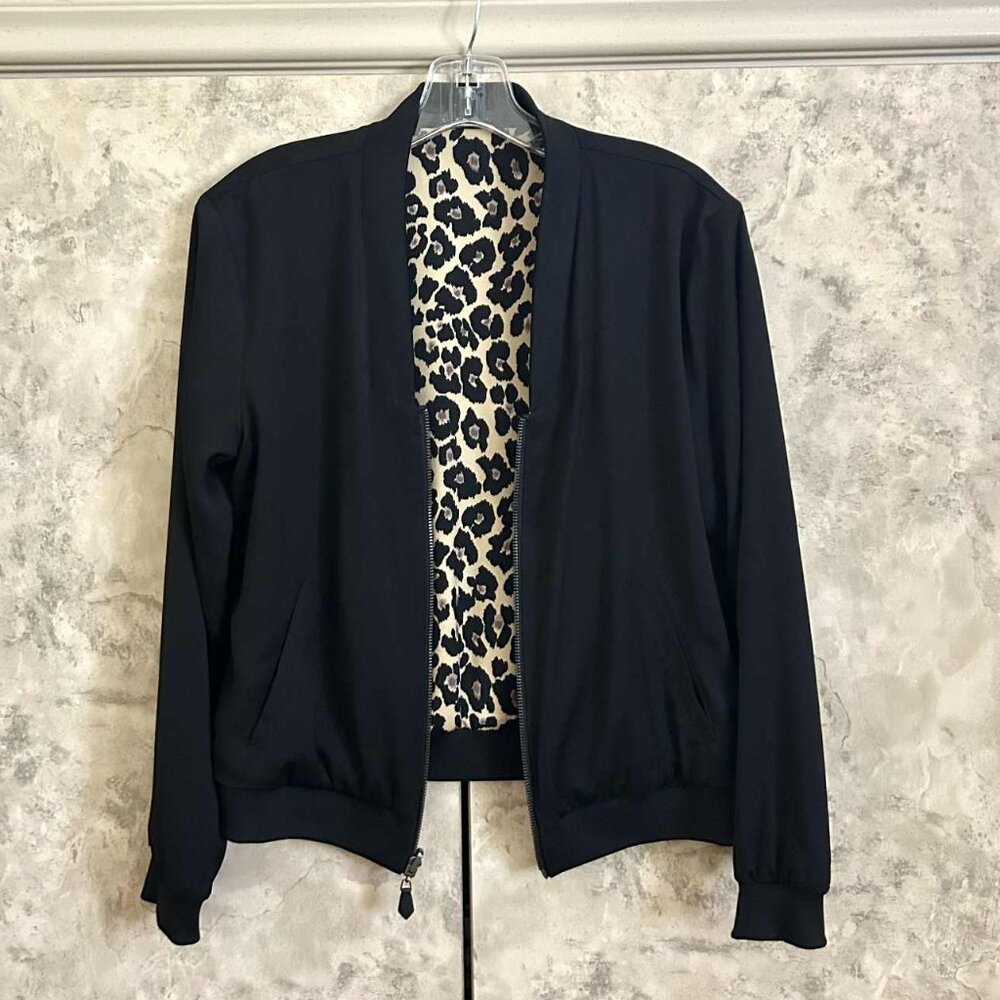 Stella & Dot Reversible Bomber Jacket; Black/Animal Print